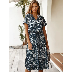Robe Mi-Longue Bohème Motif Léopard Bleu Marine