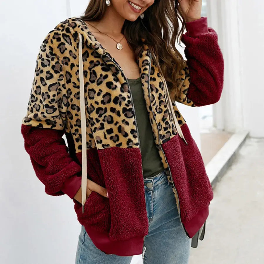 Veste En Peluche Pour Femme – Motif Léopard Et Patchwork – Col Montant, Demi-fermeture éclair – Polaire Chaude – Décontractée Et Tendance